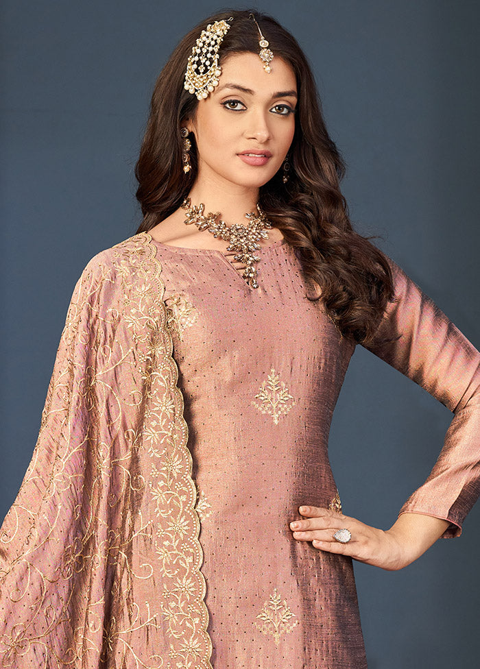 3 Pc Peach Semi Stitched Silk Suit Set