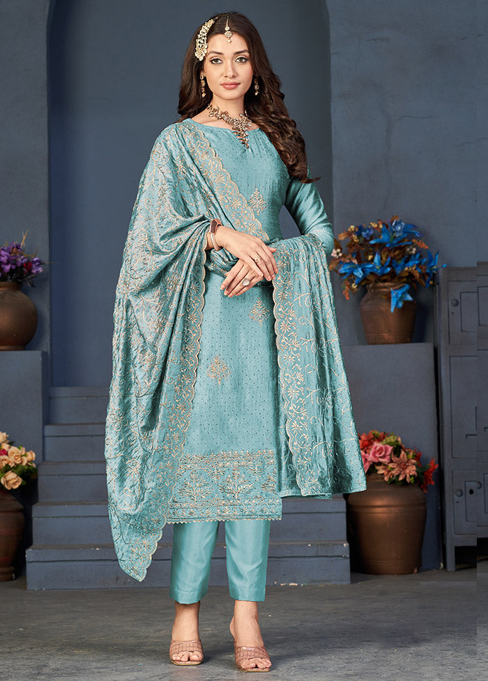 3 Pc Green Semi Stitched Silk Suit Set