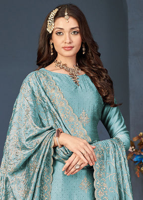 3 Pc Green Semi Stitched Silk Suit Set