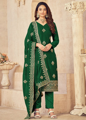 3 Pc Dark Green Semi Stitched Silk Suit Set