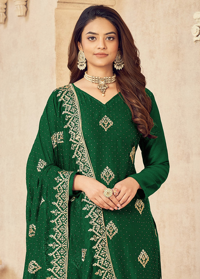 3 Pc Dark Green Semi Stitched Silk Suit Set