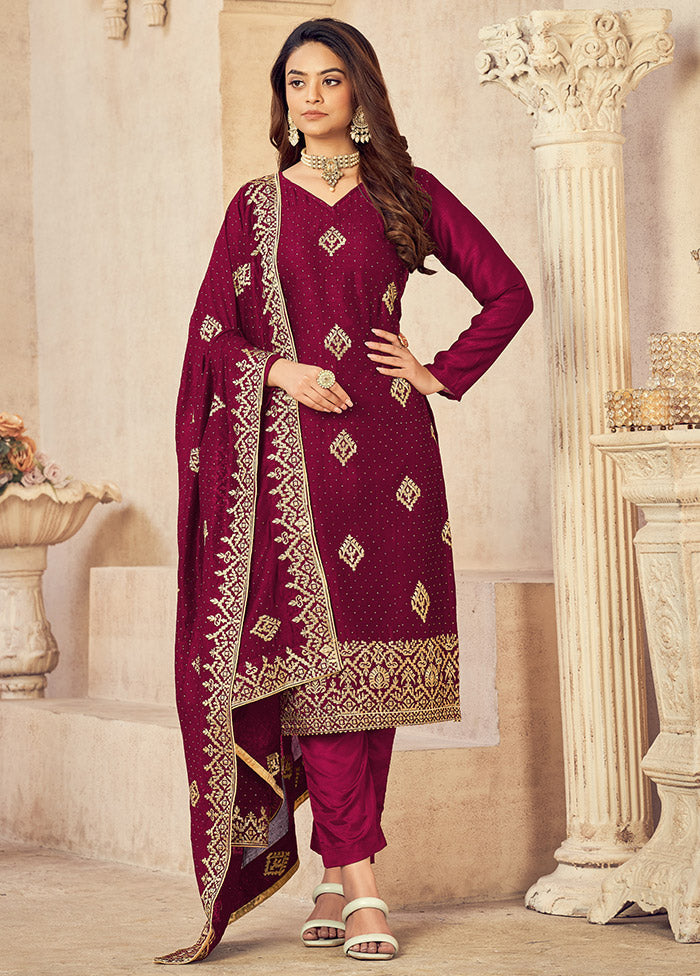 3 Pc Dark Pink Semi Stitched Silk Suit Set