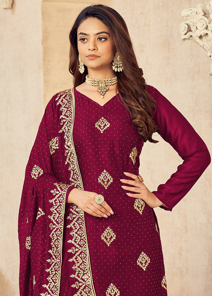 3 Pc Dark Pink Semi Stitched Silk Suit Set