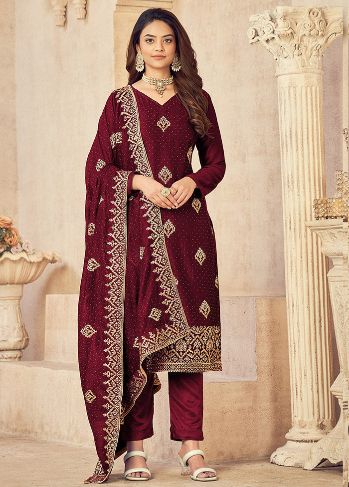 3 Pc Maroon Semi Stitched Silk Suit Set