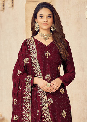 3 Pc Maroon Semi Stitched Silk Suit Set