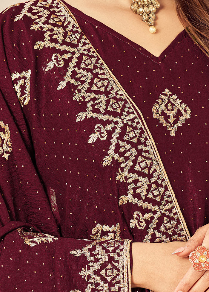 3 Pc Maroon Semi Stitched Silk Suit Set