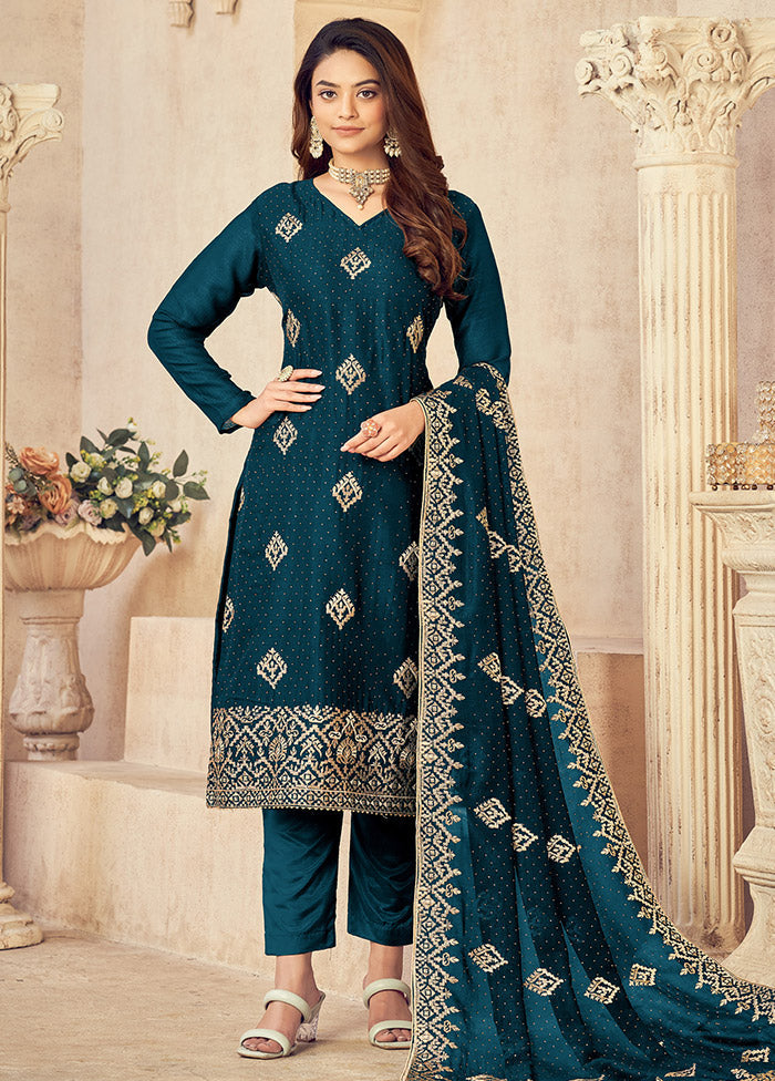 3 Pc Dark Blue Semi Stitched Silk Suit Set