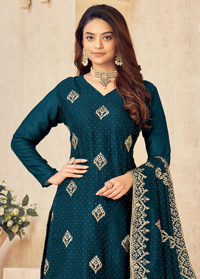 3 Pc Dark Blue Semi Stitched Silk Suit Set