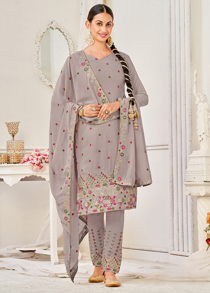 3 Pc Grey Semi Stitched Georgette Suit Set