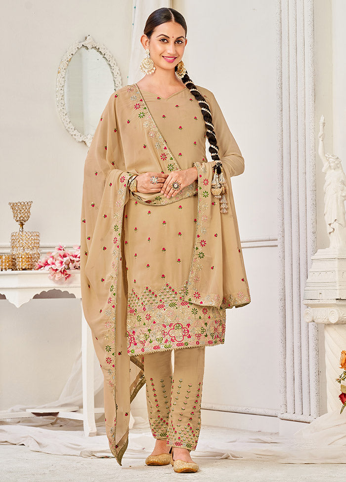 3 Pc Beige Semi Stitched Georgette Suit Set