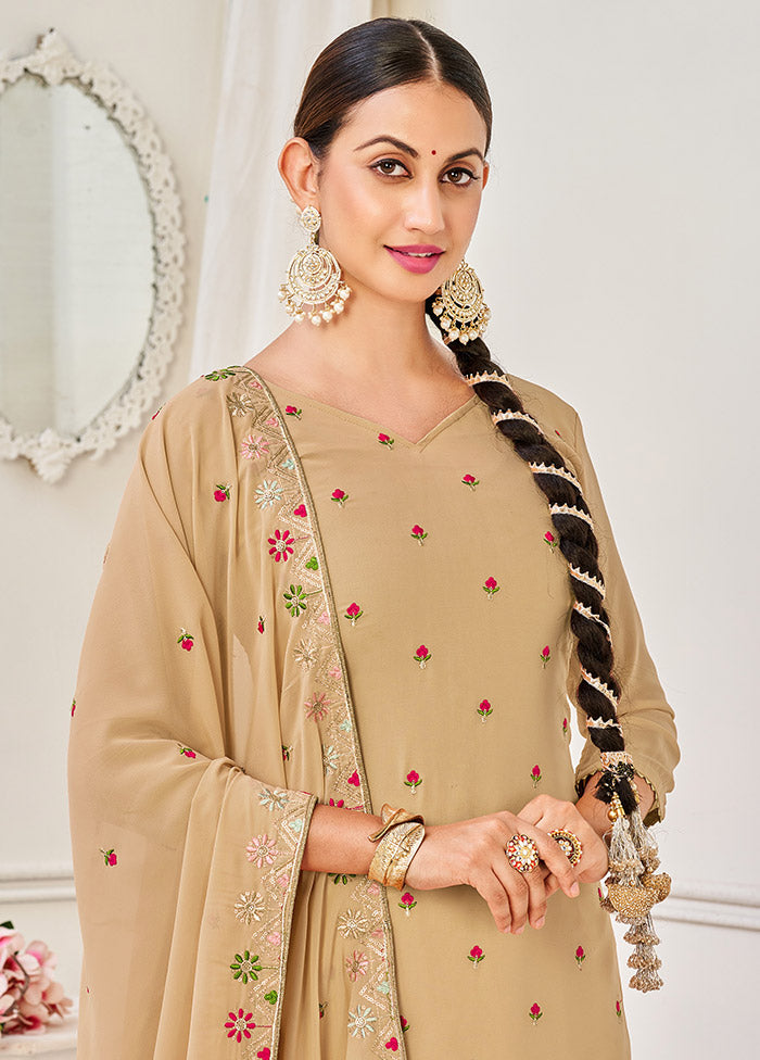 3 Pc Beige Semi Stitched Georgette Suit Set