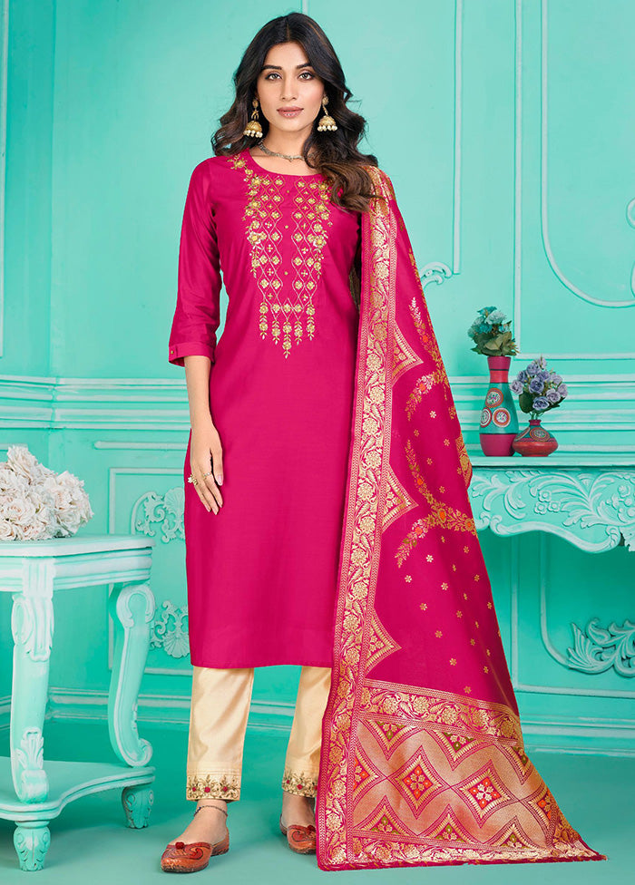 3 Pc Multicolor Semi Stitched Silk Suit Set