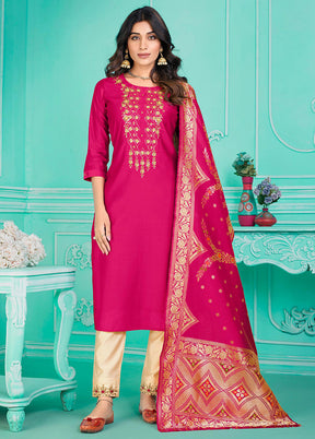 3 Pc Multicolor Semi Stitched Silk Suit Set