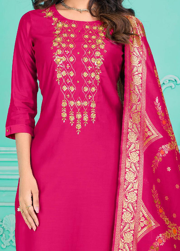 3 Pc Multicolor Semi Stitched Silk Suit Set