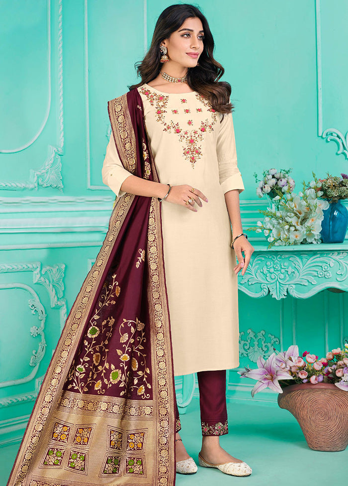 3 Pc Multicolor Semi Stitched Silk Suit Set