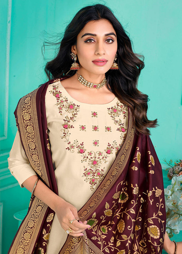 3 Pc Multicolor Semi Stitched Silk Suit Set