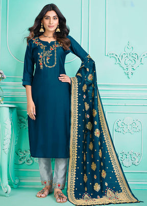 3 Pc Multicolor Semi Stitched Silk Suit Set