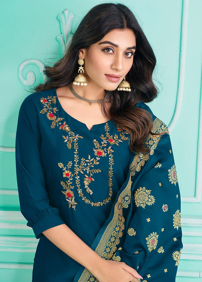 3 Pc Multicolor Semi Stitched Silk Suit Set