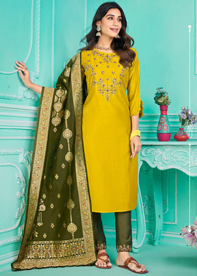 3 Pc Multicolor Semi Stitched Silk Suit Set