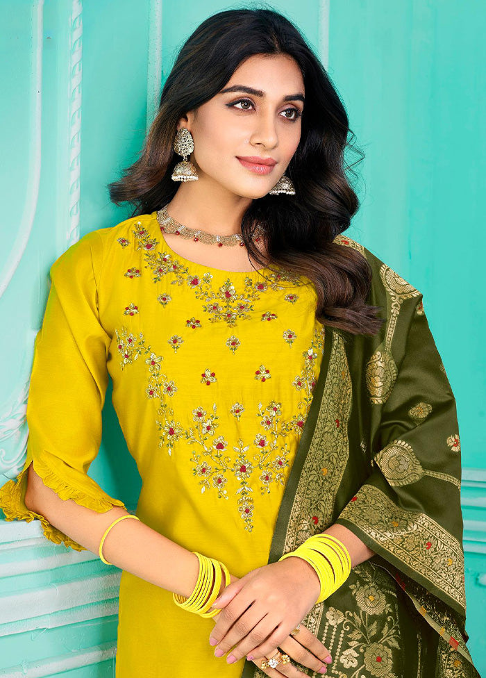 3 Pc Multicolor Semi Stitched Silk Suit Set