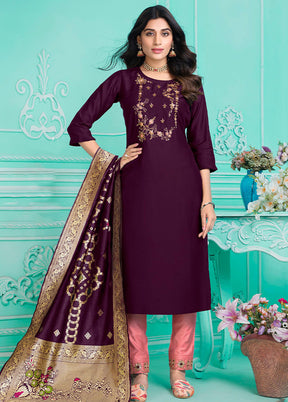 3 Pc Multicolor Semi Stitched Silk Suit Set