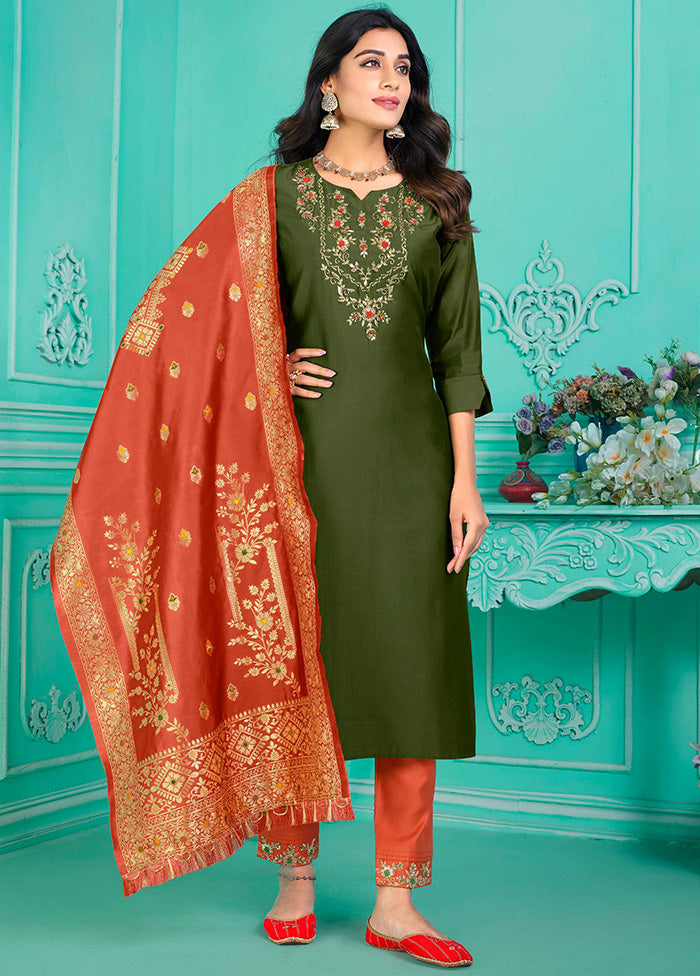 3 Pc Multicolor Semi Stitched Silk Suit Set