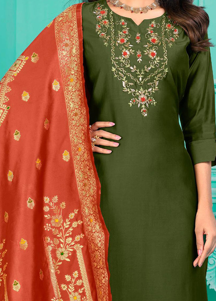 3 Pc Multicolor Semi Stitched Silk Suit Set