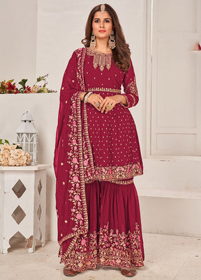 3 Pc Dark Pink Semi Stitched Georgette Sharara Suit Set