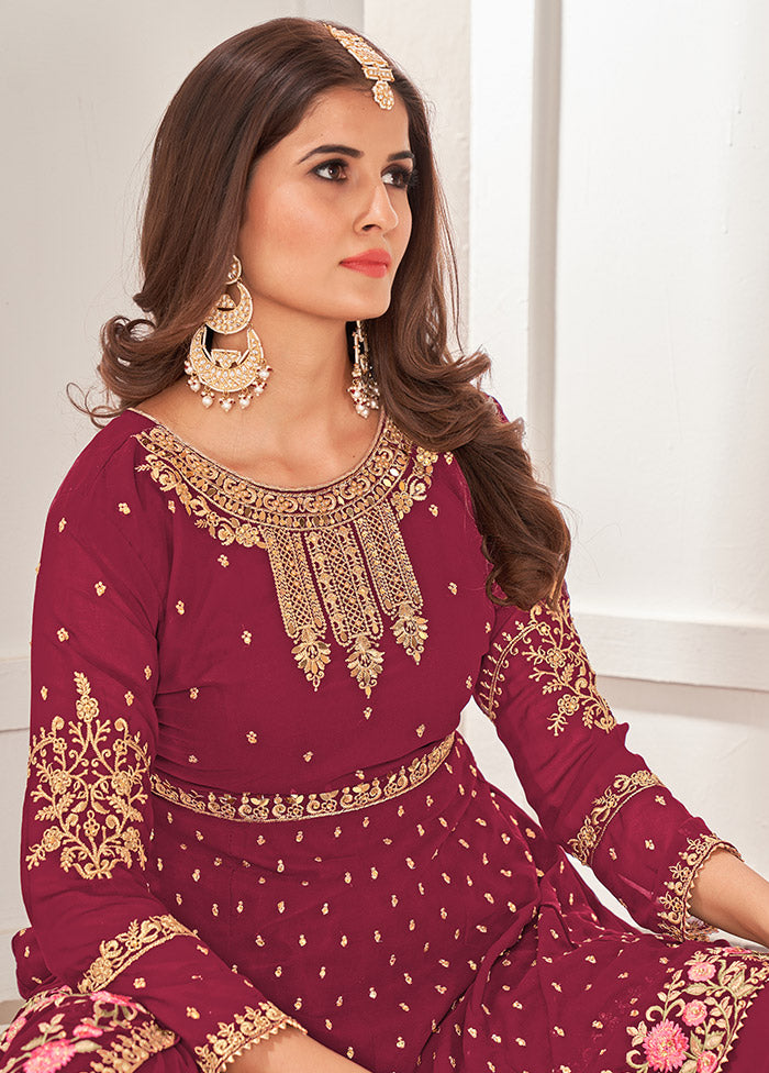 3 Pc Dark Pink Semi Stitched Georgette Sharara Suit Set