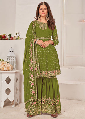 3 Pc Dark Green Semi Stitched Georgette Sharara Suit Set