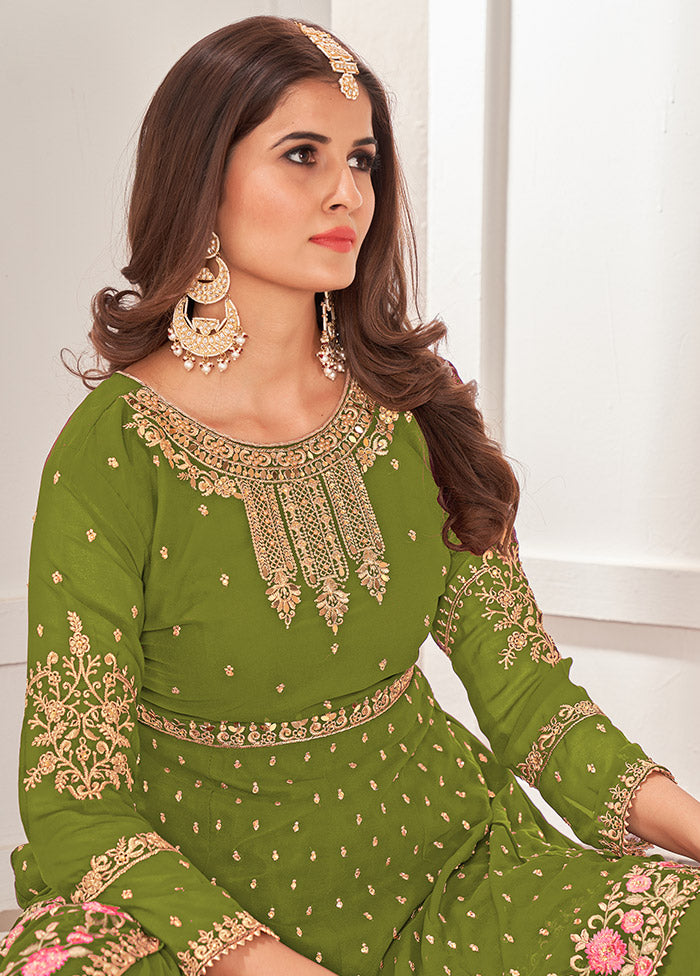 3 Pc Dark Green Semi Stitched Georgette Sharara Suit Set