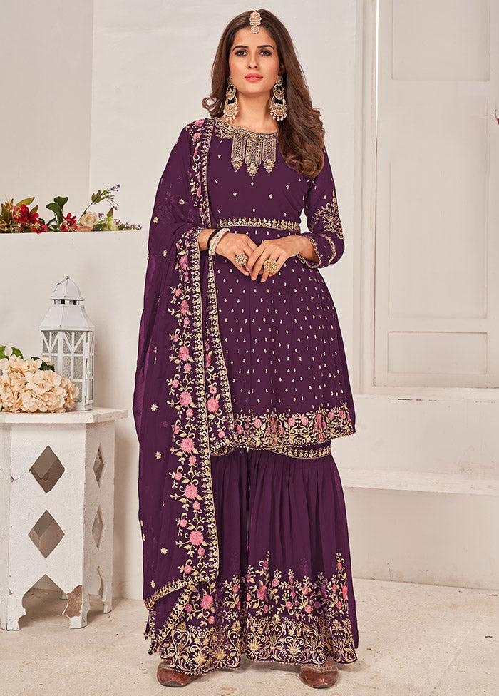 3 Pc Purple Semi Stitched Georgette Sharara Suit Set