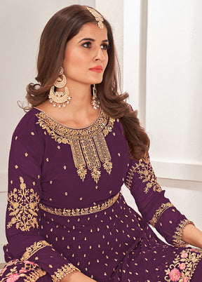 3 Pc Purple Semi Stitched Georgette Sharara Suit Set