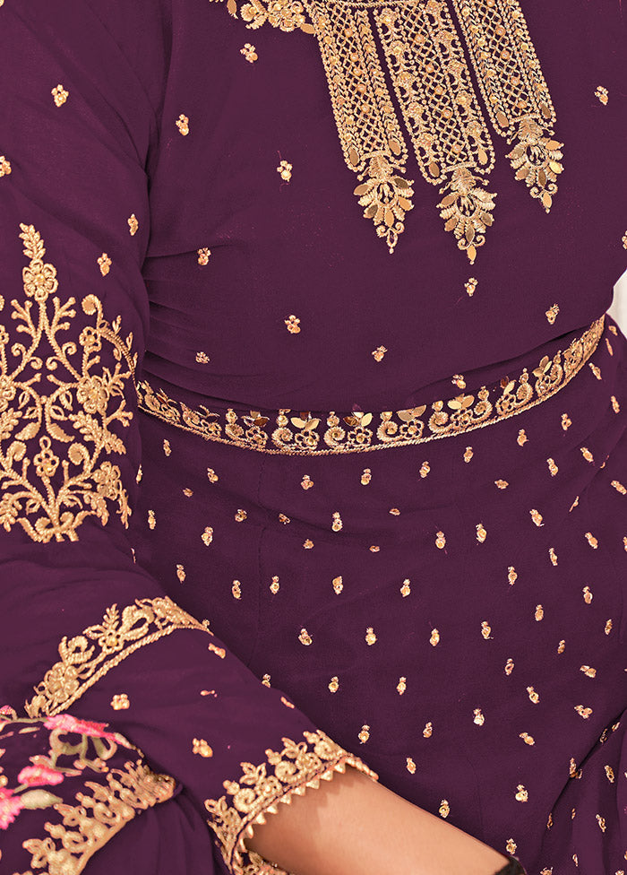 3 Pc Purple Semi Stitched Georgette Sharara Suit Set