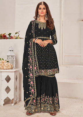 3 Pc Black Semi Stitched Georgette Sharara Suit Set