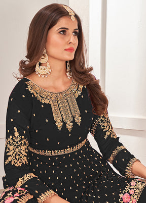 3 Pc Black Semi Stitched Georgette Sharara Suit Set