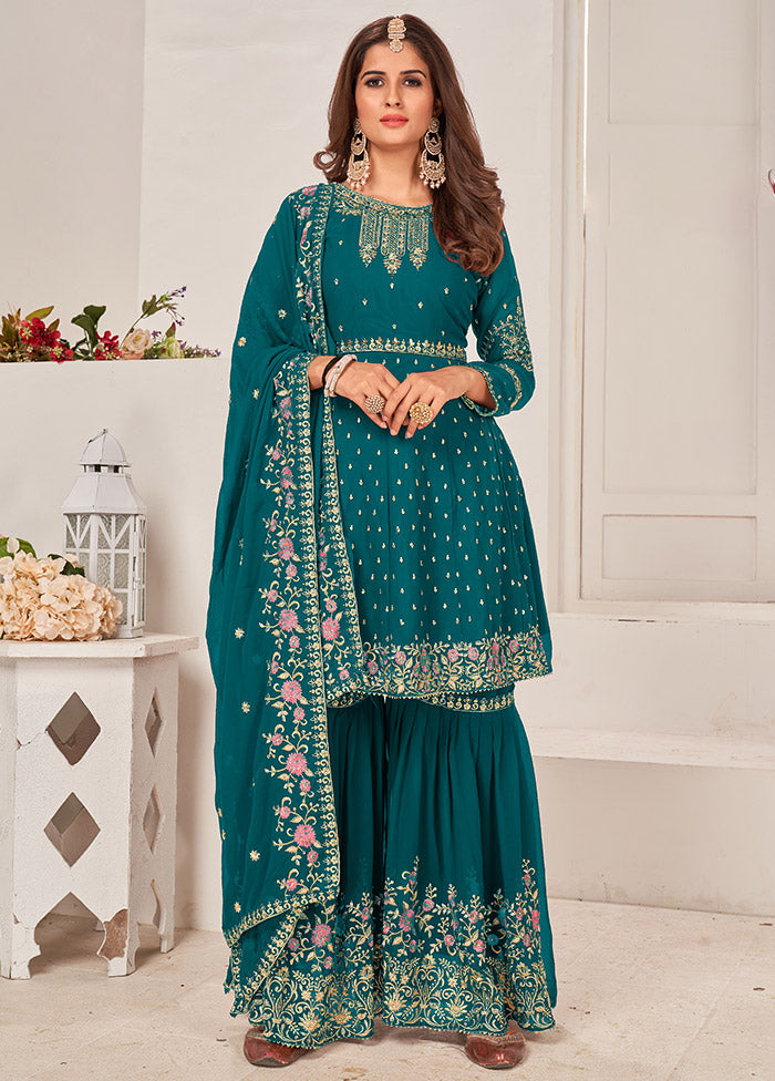 3 Pc Sky Blue Semi Stitched Georgette Sharara Suit Set