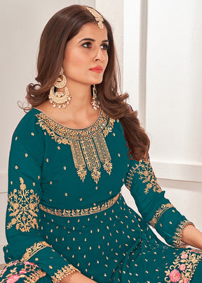 3 Pc Sky Blue Semi Stitched Georgette Sharara Suit Set