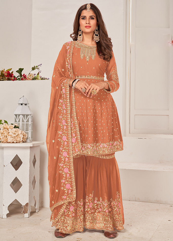 3 Pc Cream Semi Stitched Georgette Sharara Suit Set