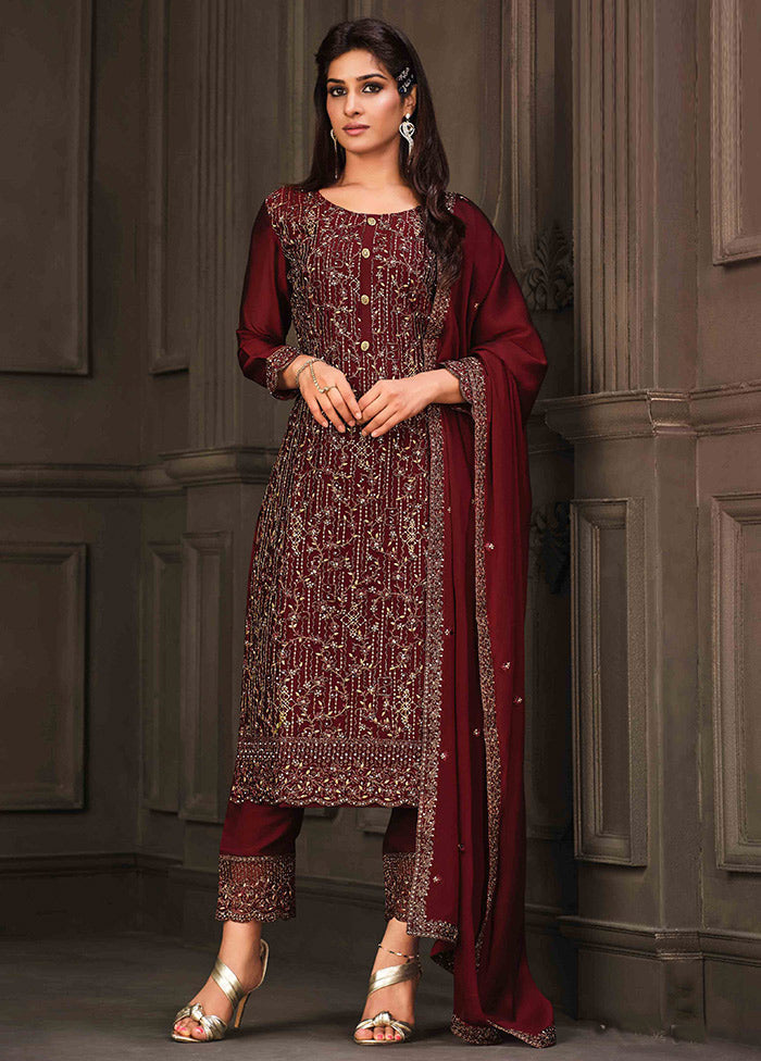 3 Pc Maroon Semi Stitched Georgette Suit Set