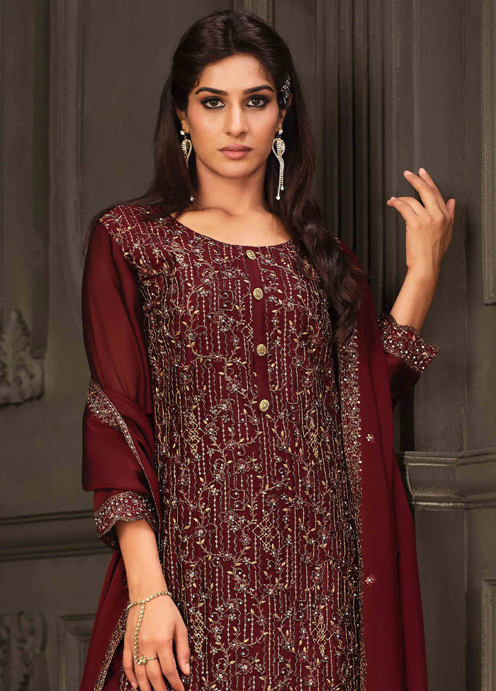 3 Pc Maroon Semi Stitched Georgette Suit Set