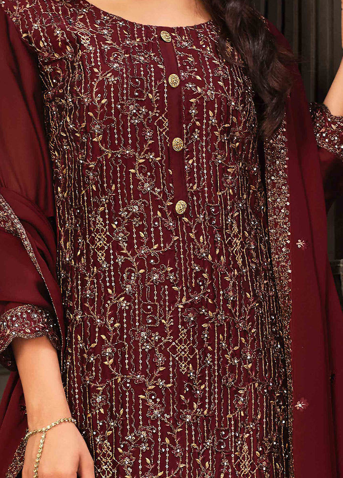 3 Pc Maroon Semi Stitched Georgette Suit Set