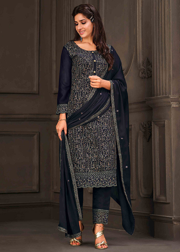 3 Pc Blue Semi Stitched Georgette Suit Set