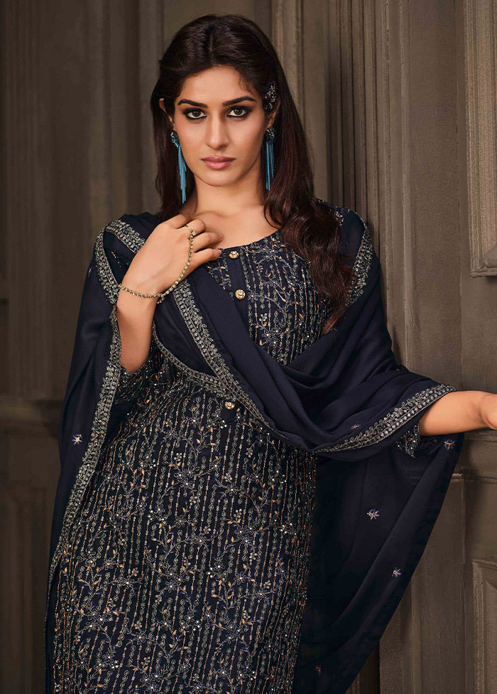 3 Pc Blue Semi Stitched Georgette Suit Set