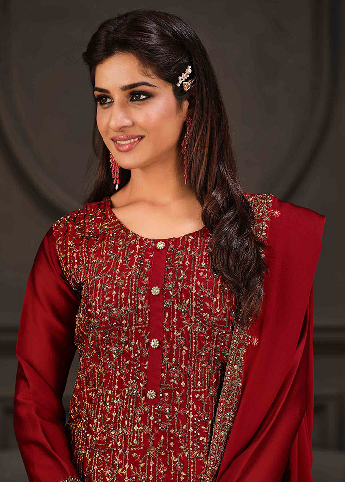 3 Pc Red Semi Stitched Georgette Suit Set