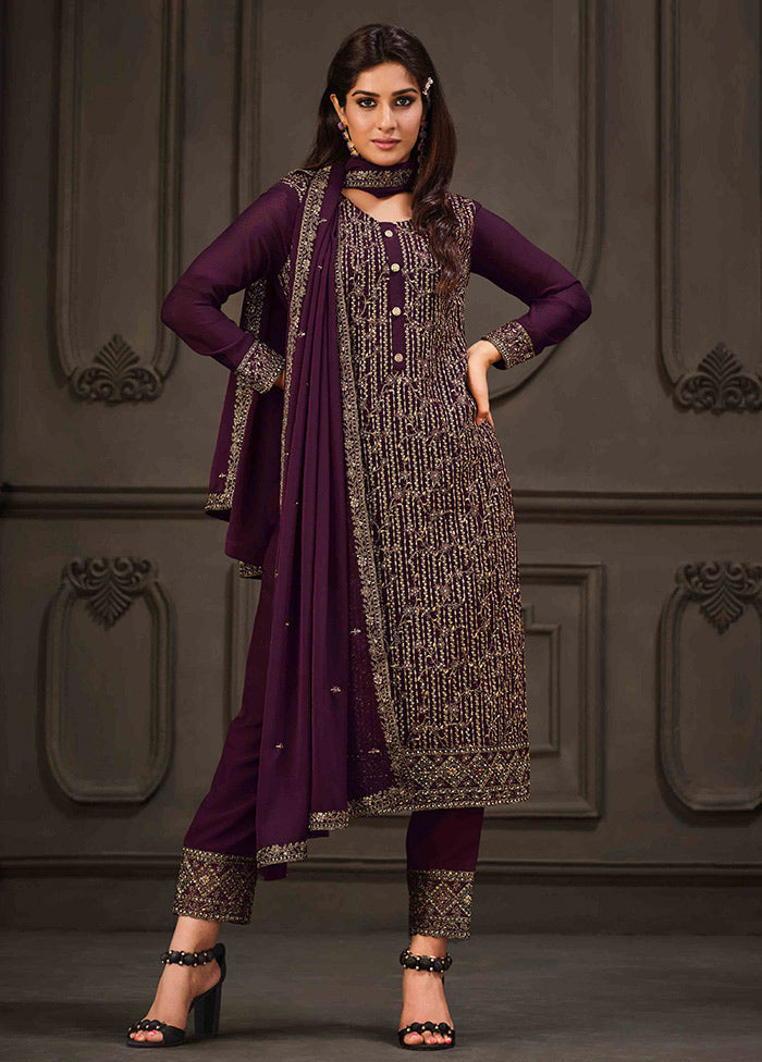 3 Pc Purple Semi Stitched Georgette Suit Set