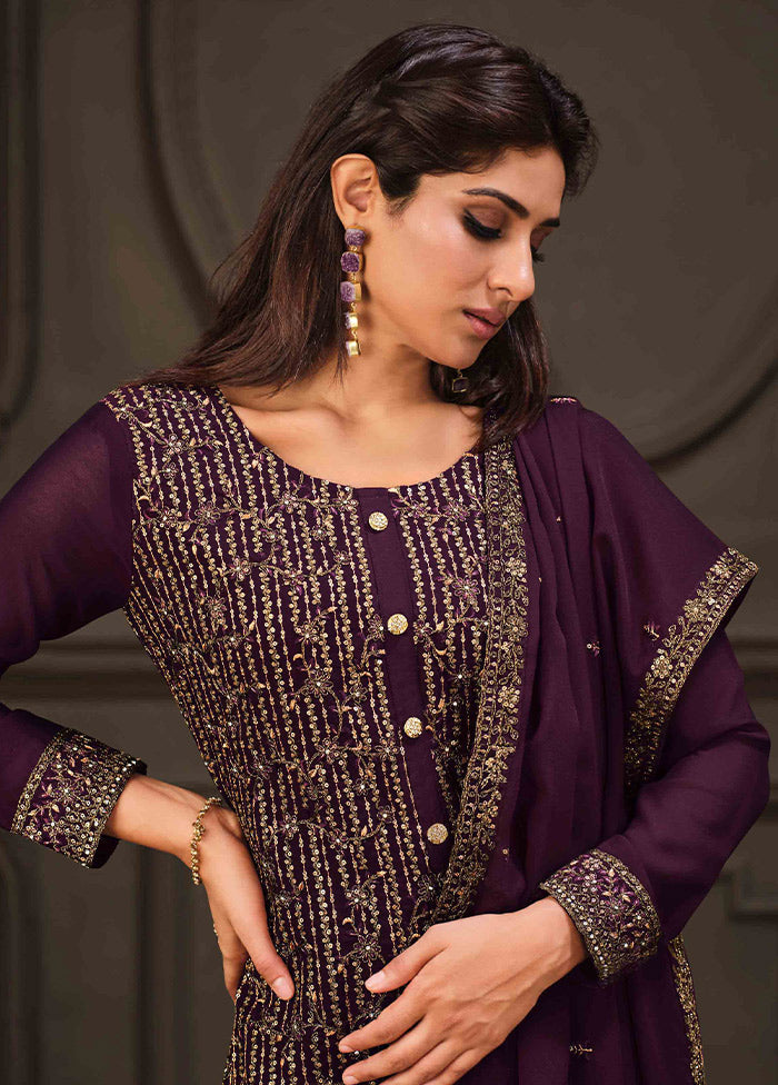 3 Pc Purple Semi Stitched Georgette Suit Set