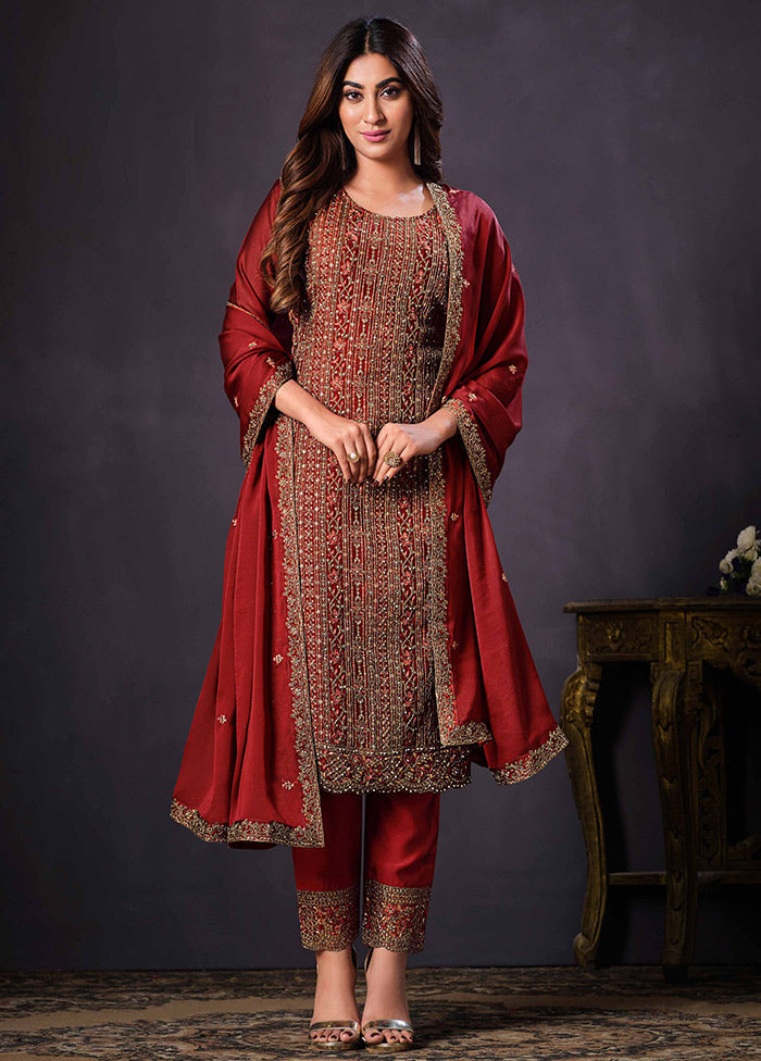 3 Pc Red Semi Stitched Georgette Suit Set