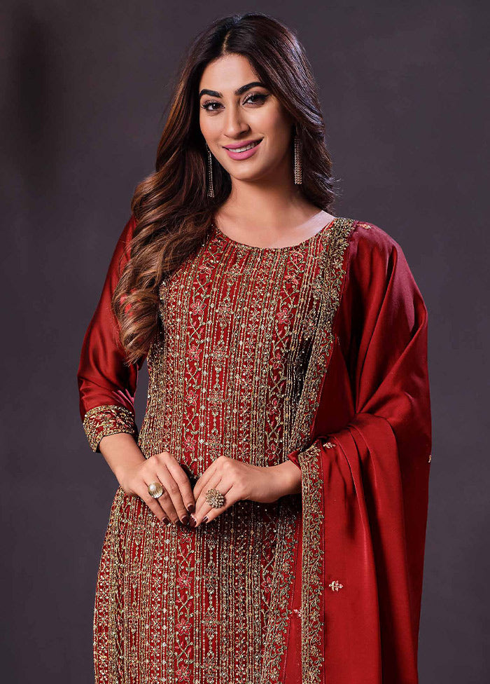 3 Pc Red Semi Stitched Georgette Suit Set