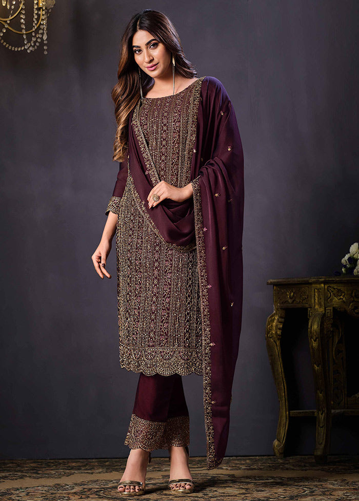 3 Pc Wine Semi Stitched Georgette Suit Set